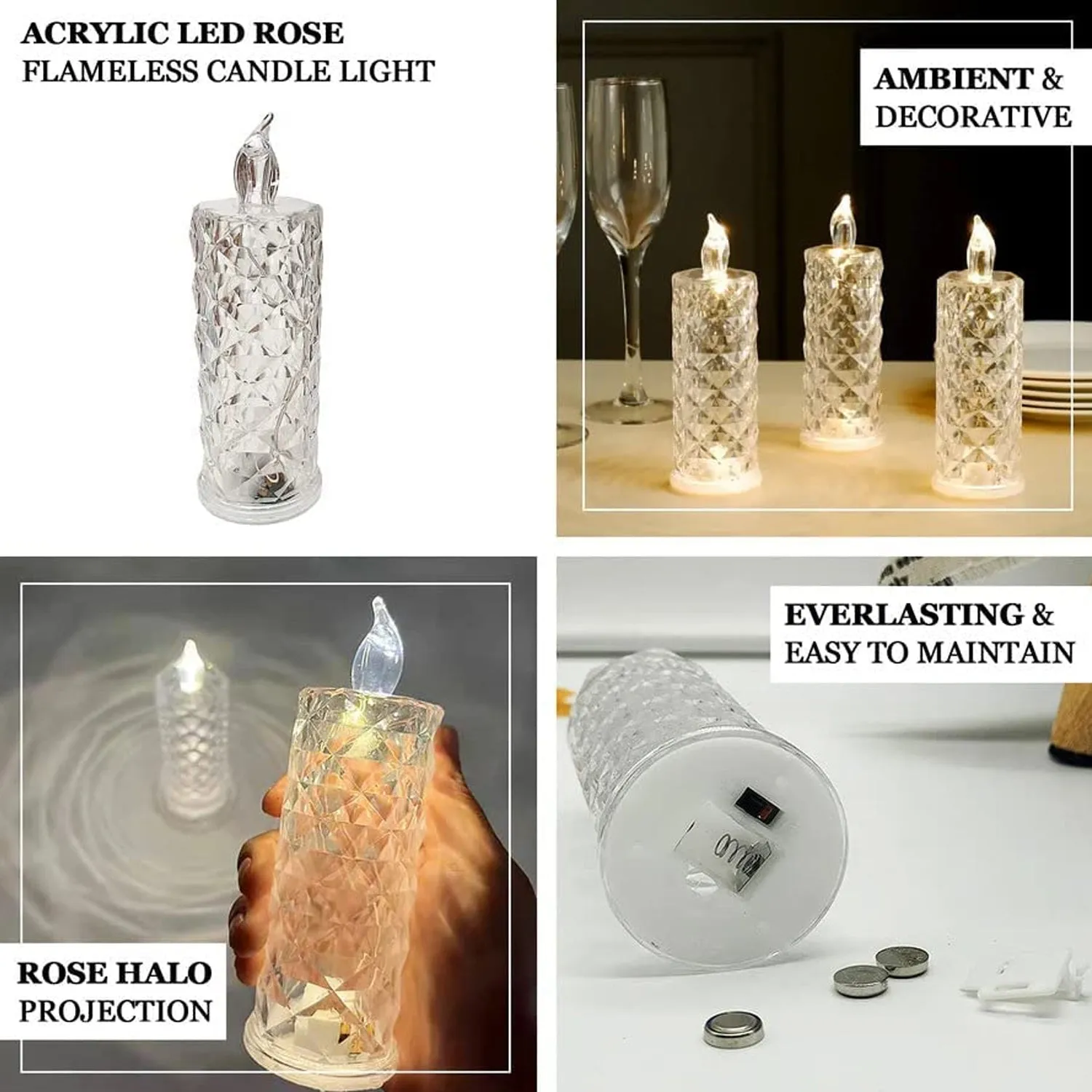 8439 Rose Candles LED Flameless and Smokeless Decorative Acrylic Transparent Candles Led Tea Light Candle Perfect for Gifting, Home, Diwali, Christmas, Crystal Candle Lights (1 Pc)  (MOQ :- 12 pc )