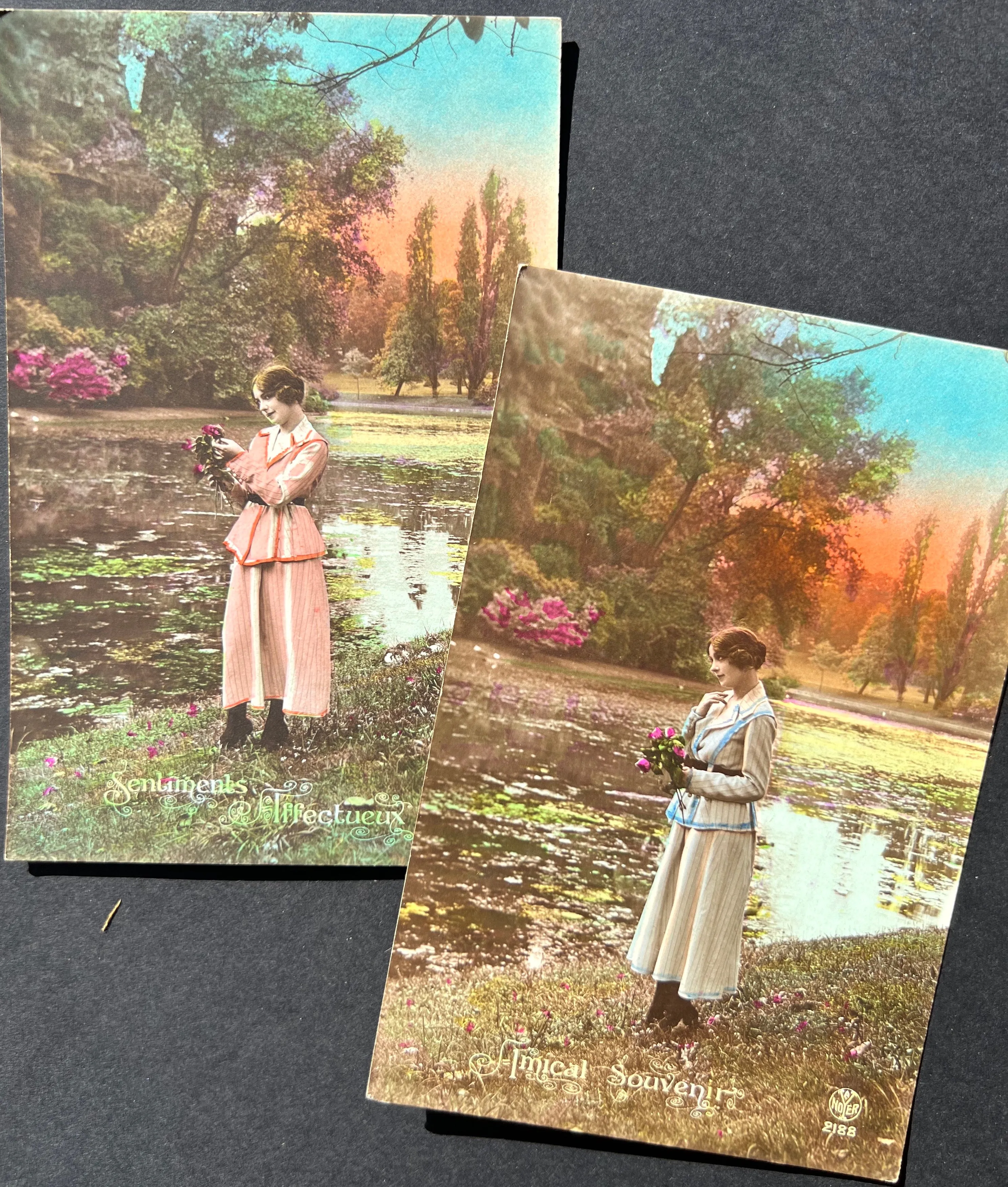 A Series of 5 French Hand Tinted Romantic Postcards dated 1922