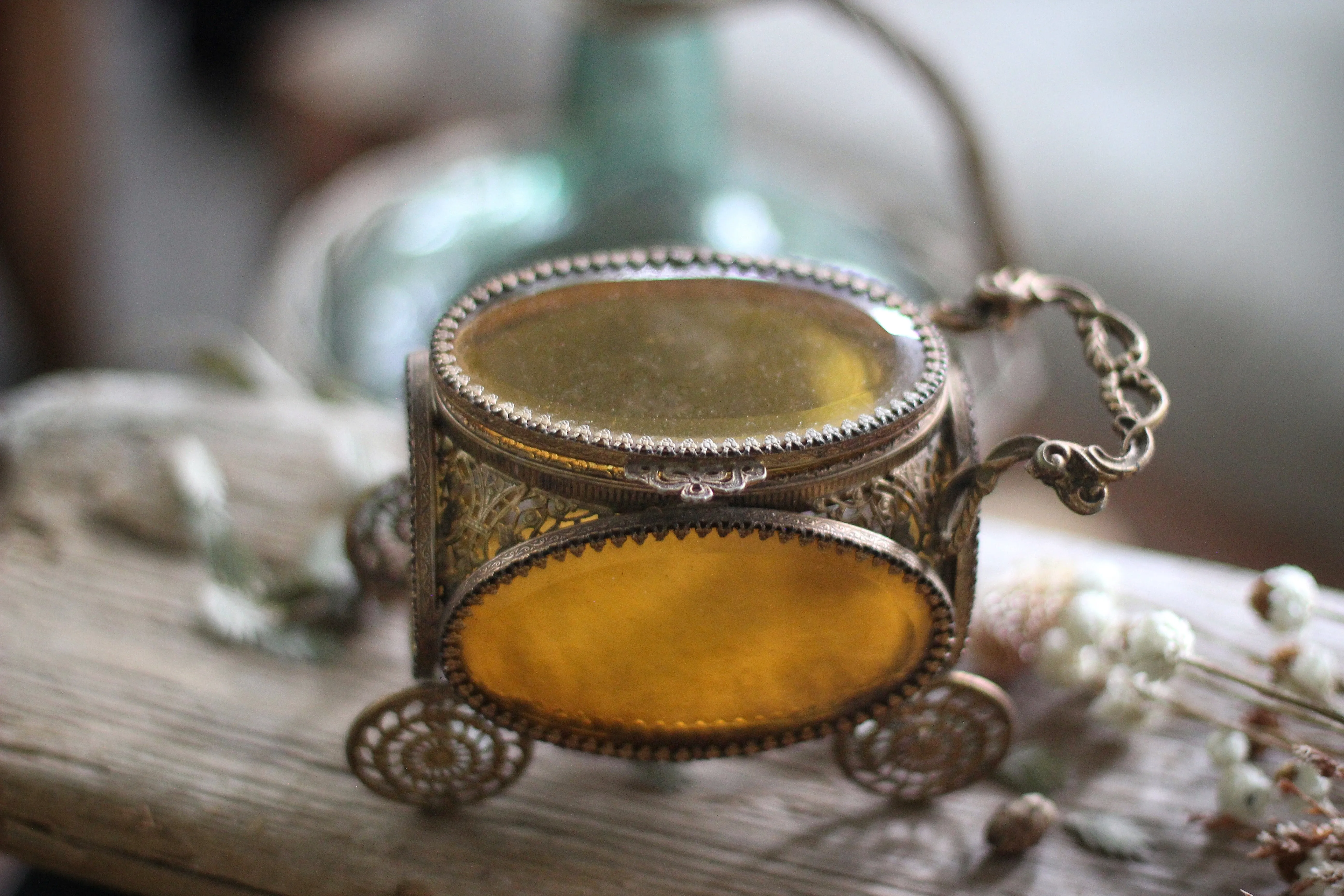 Antique Carriage Amber Glass Filigree Jewelry Box