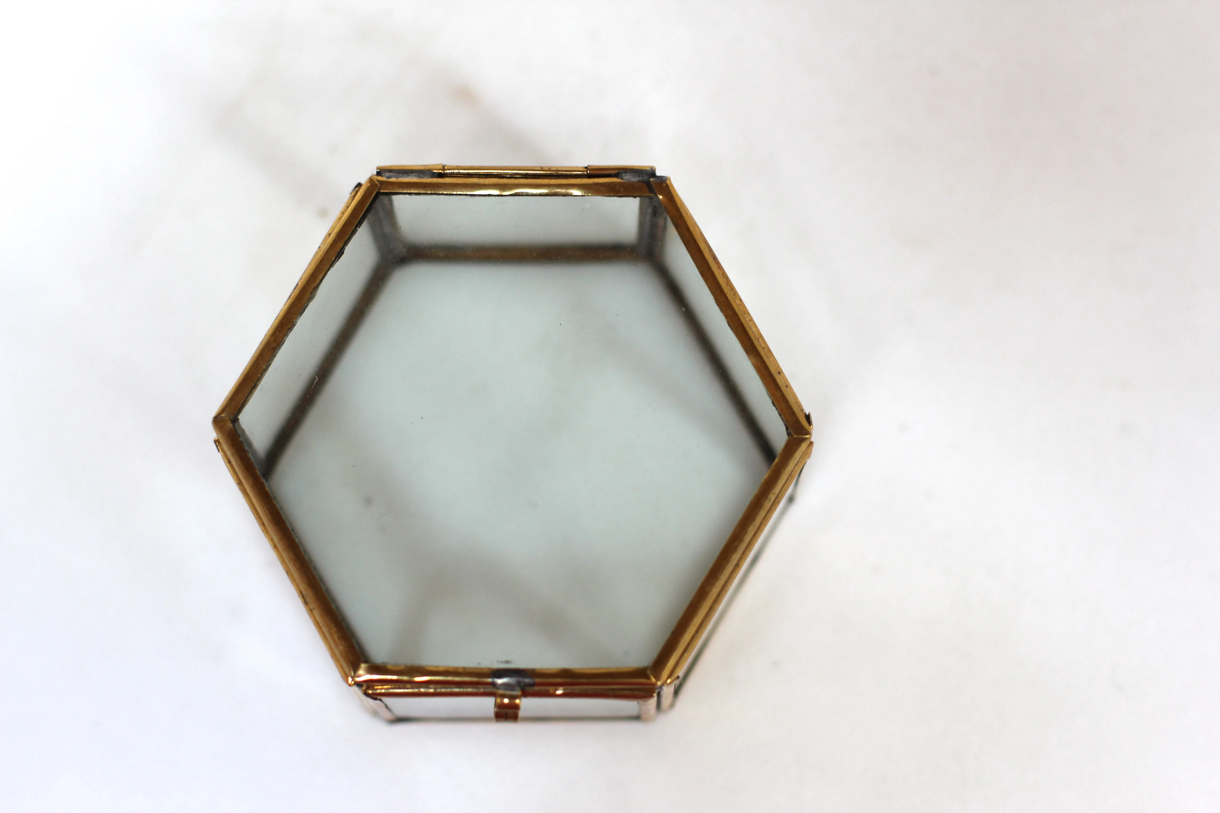 Antique Hextagon Brass Glass Jewelry Box #108