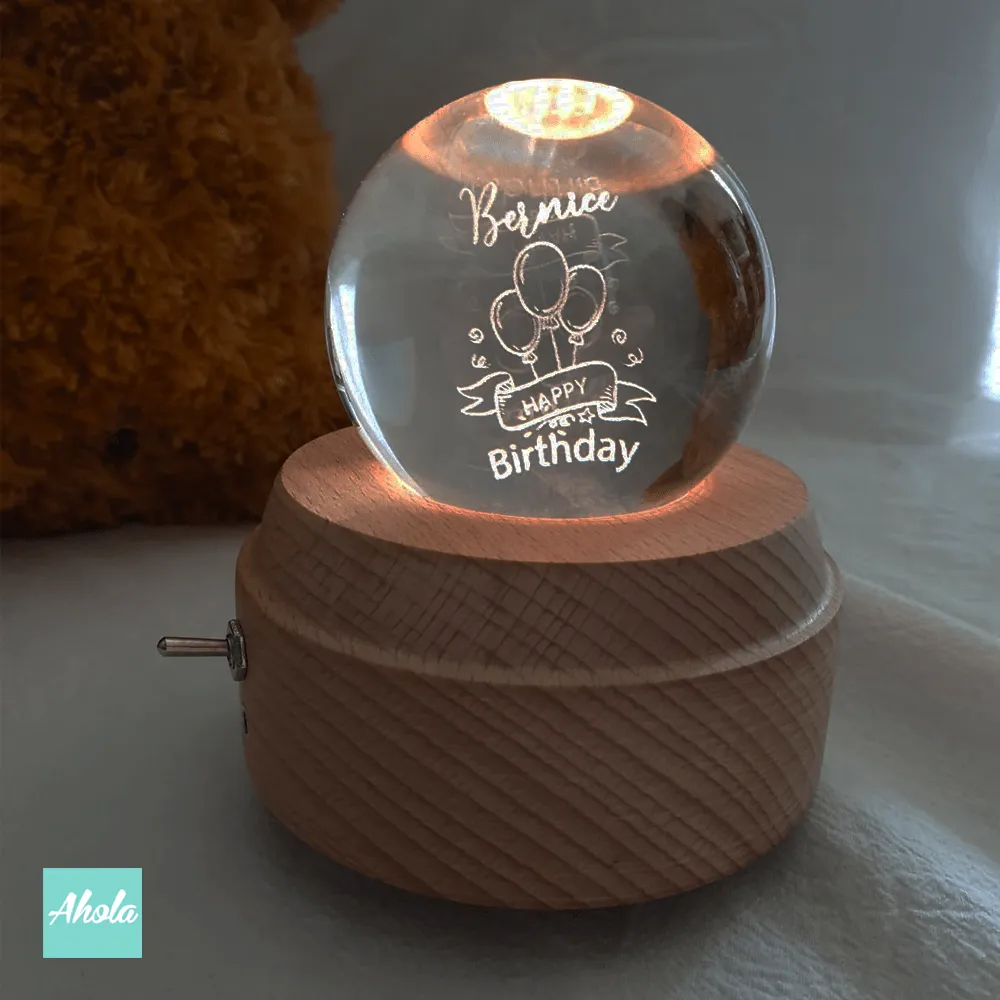 【Birthday Wish】Laser Engraved Crystal Ball and Wood Music Box 刻字生日水晶球音樂盒