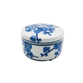 Blue & White Chinoiserie Round Ceramic Box - Cherry Blossom