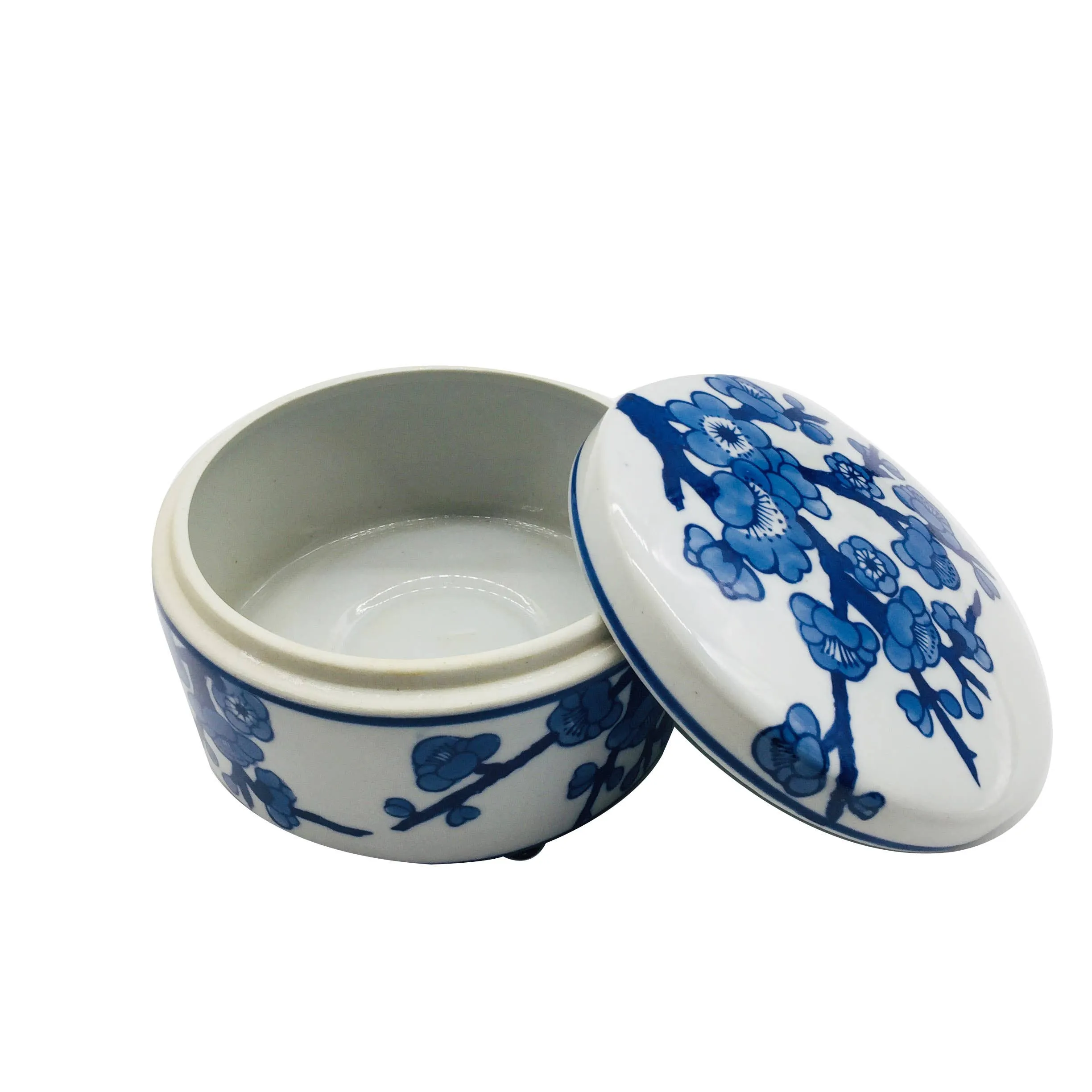 Blue & White Chinoiserie Round Ceramic Box - Cherry Blossom