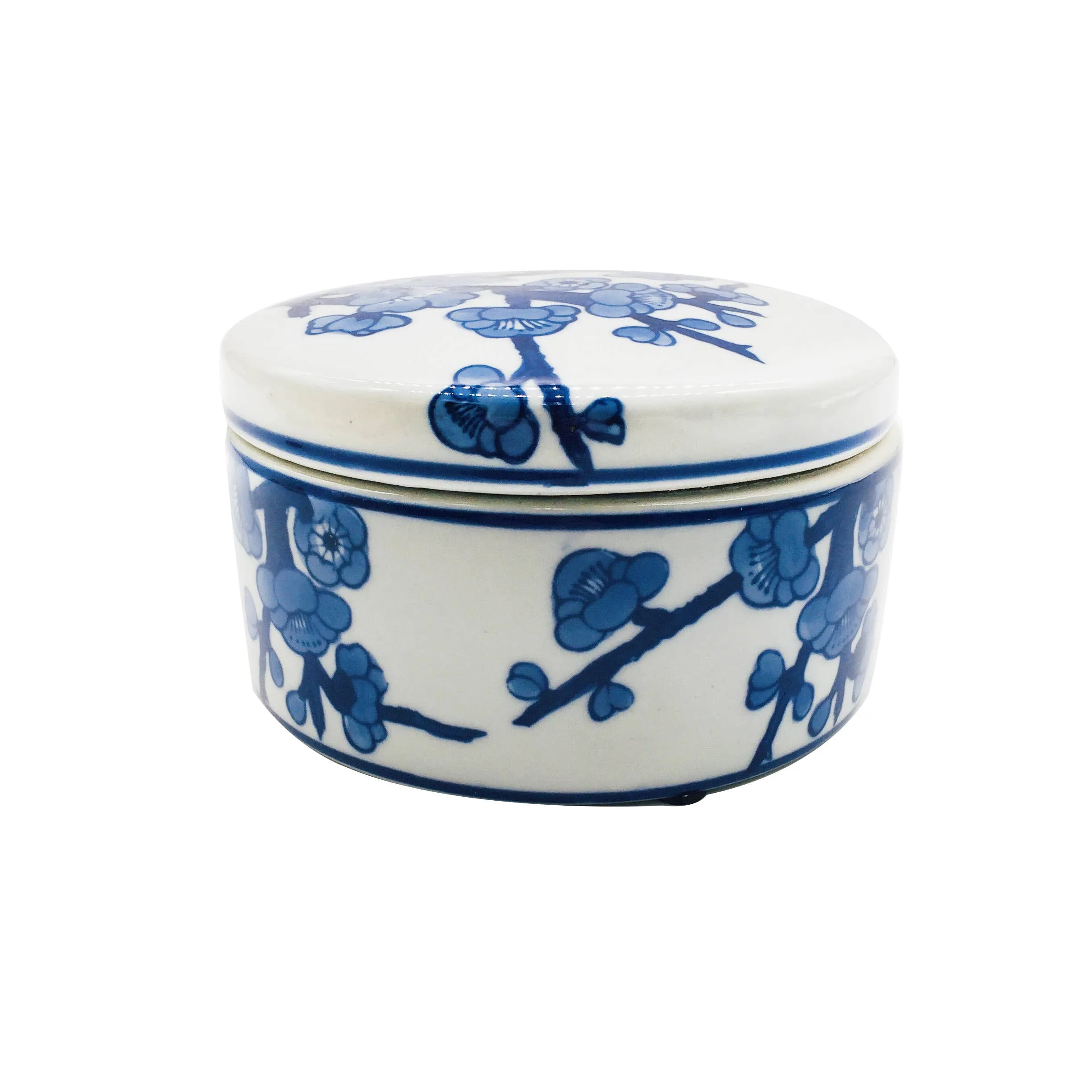 Blue & White Chinoiserie Round Ceramic Box - Cherry Blossom