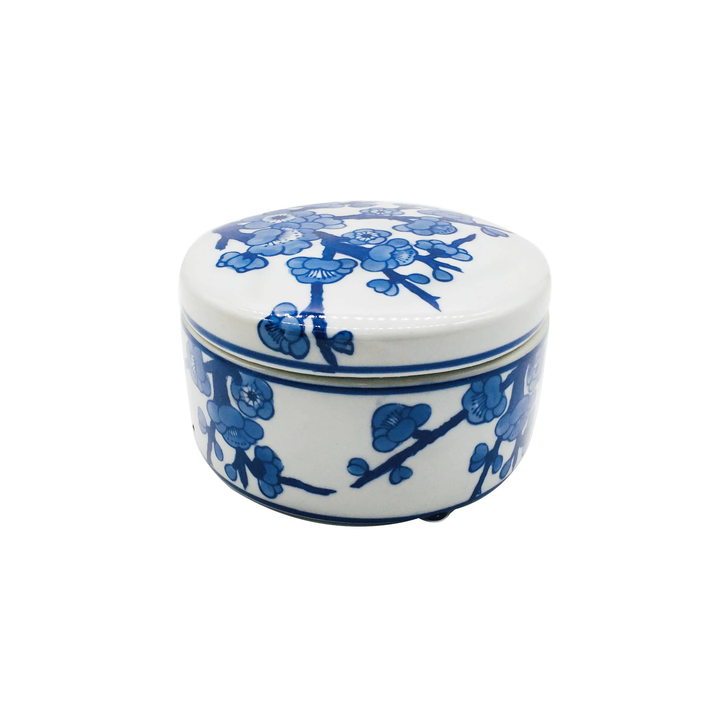 Blue & White Chinoiserie Round Ceramic Box - Cherry Blossom