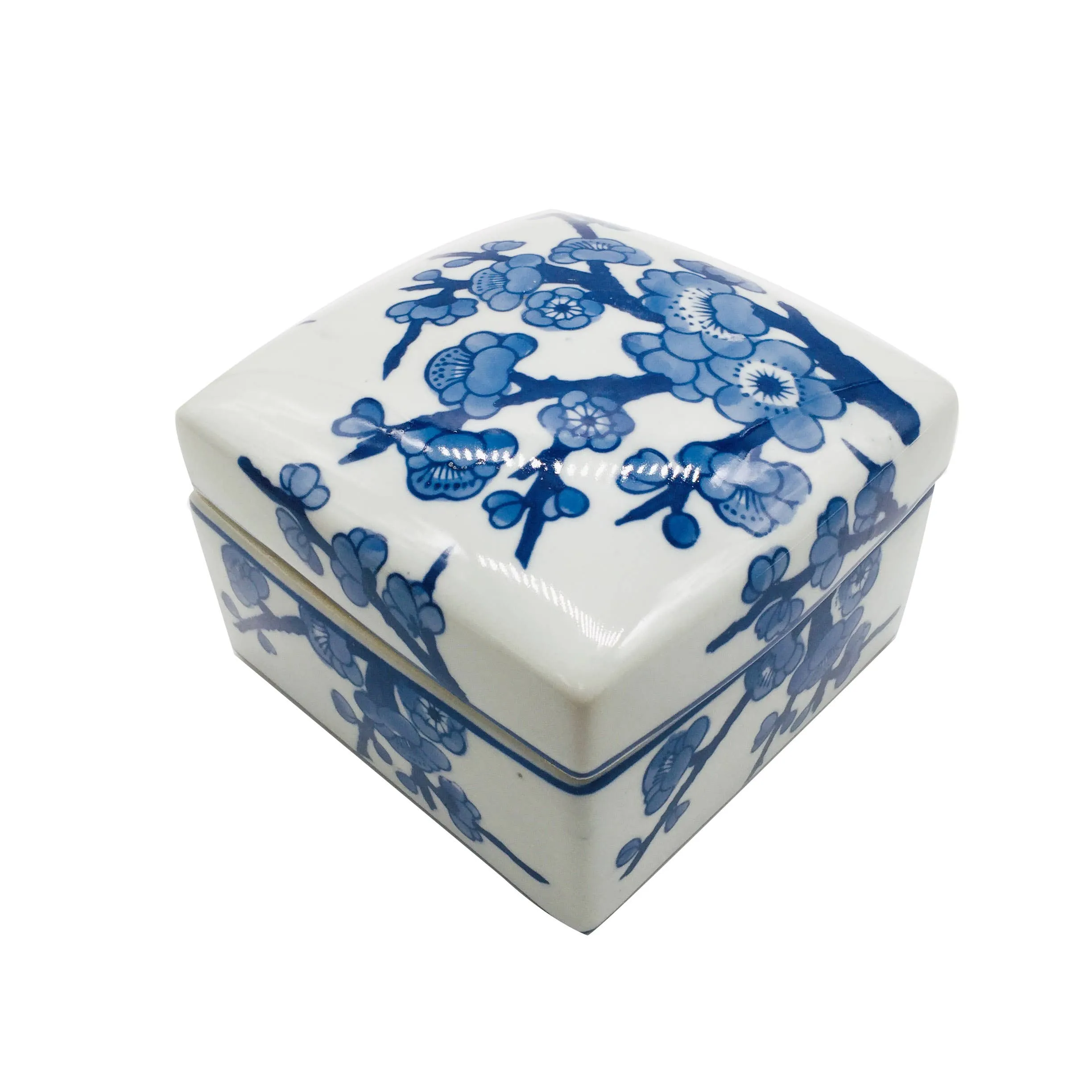 Blue & White Chinoiserie Square Ceramic Box - Cherry Blossom