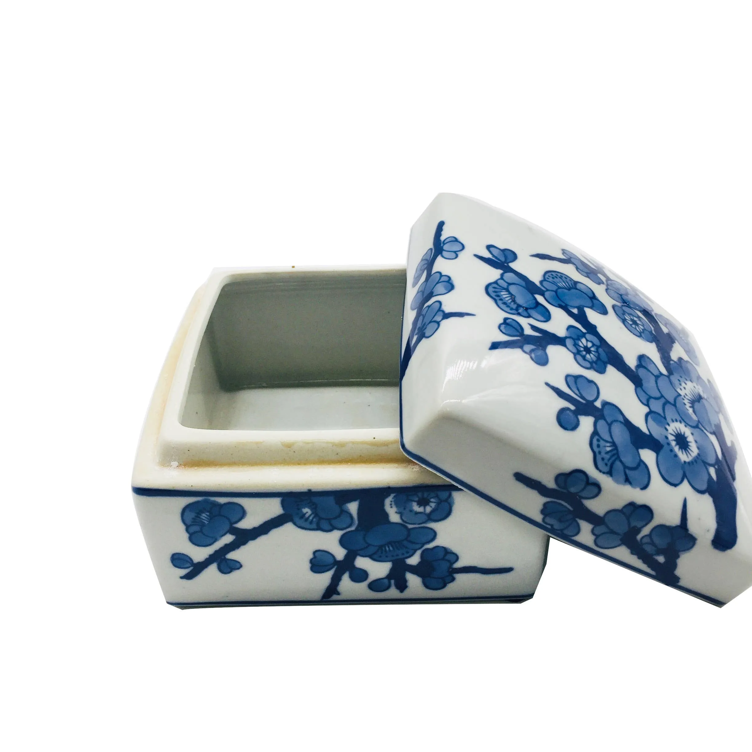 Blue & White Chinoiserie Square Ceramic Box - Cherry Blossom