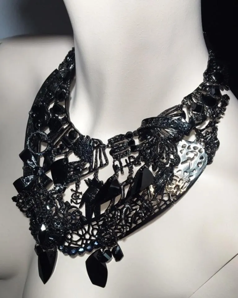 Christian Lacroix - Extremely Rare Black Jeweled Oversized Bib Necklace - One Size