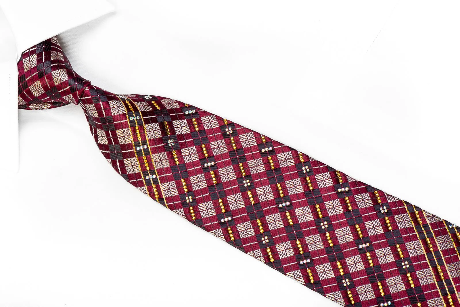 Countess Mara Men's Silk Necktie Silver Geometric On Burgundy With Sparkles