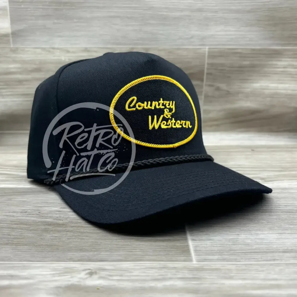 Country & Western Patch on Tall Black Retro Rope Hat