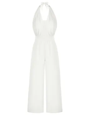 Defined Waist Smocked Back Halterneck Jumpsuit