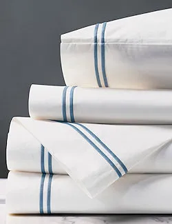 Double Striped Ocean Blue Satin Stitch Sheet Set