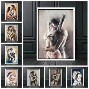 Erotic Nude Lovers Embracing Artwork: Canvas Painting Print Wall Art for Bar Club Hotel Home Decor