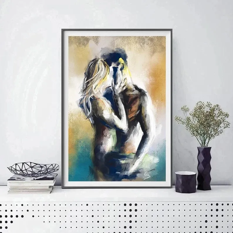 Erotic Nude Lovers Embracing Artwork: Canvas Painting Print Wall Art for Bar Club Hotel Home Decor