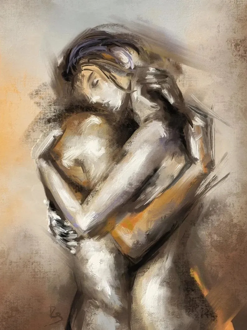 Erotic Nude Lovers Embracing Artwork: Canvas Painting Print Wall Art for Bar Club Hotel Home Decor