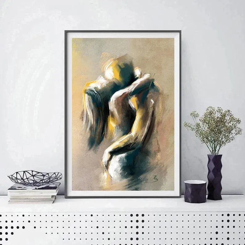 Erotic Nude Lovers Embracing Artwork: Canvas Painting Print Wall Art for Bar Club Hotel Home Decor