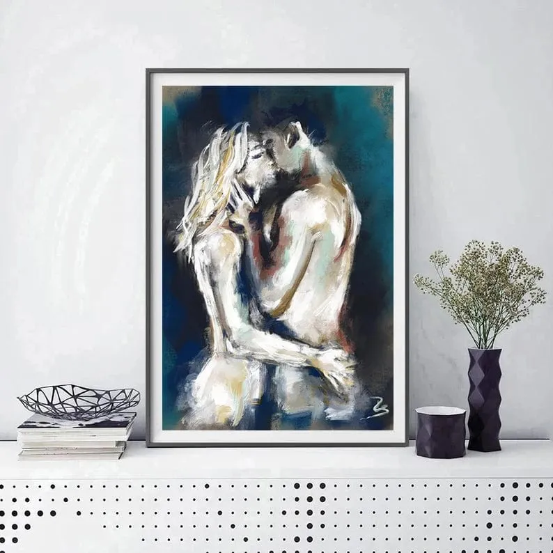 Erotic Nude Lovers Embracing Artwork: Canvas Painting Print Wall Art for Bar Club Hotel Home Decor