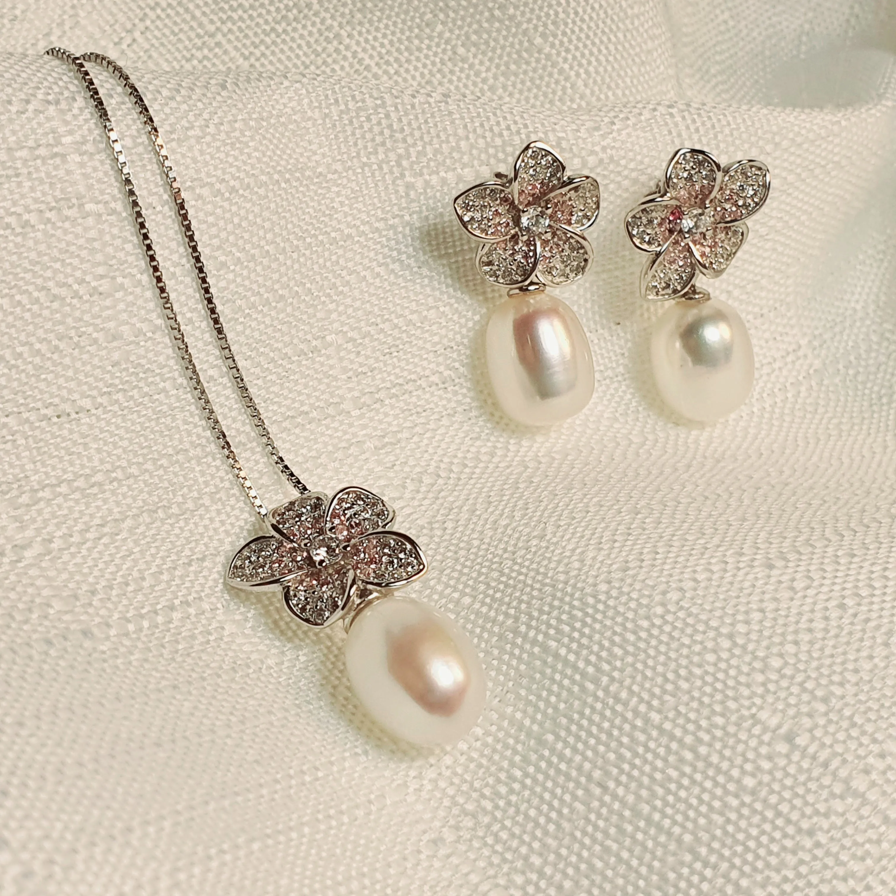 Freshwater Pearl Flower Jewellery Set, Sterling Silver