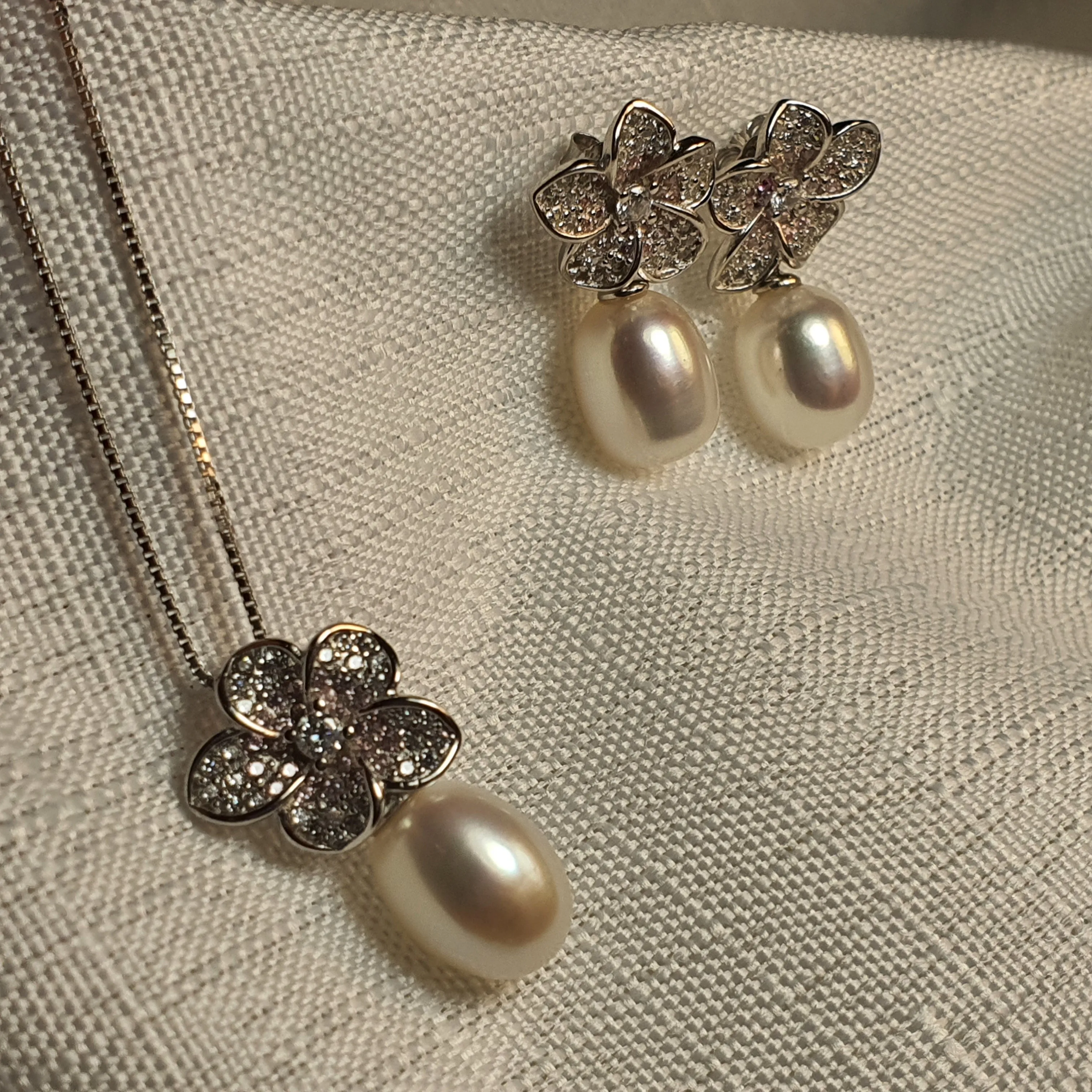 Freshwater Pearl Flower Jewellery Set, Sterling Silver