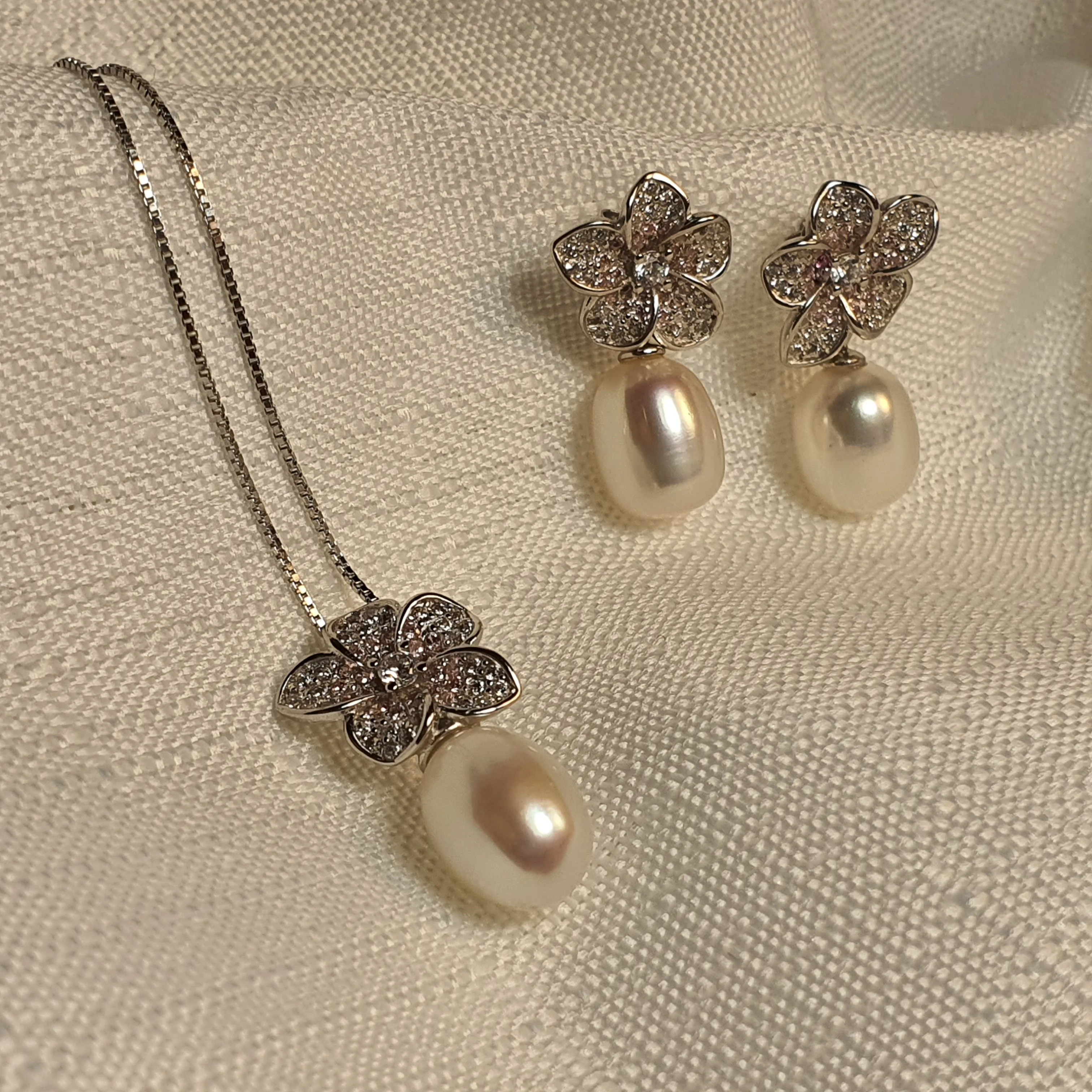 Freshwater Pearl Flower Jewellery Set, Sterling Silver