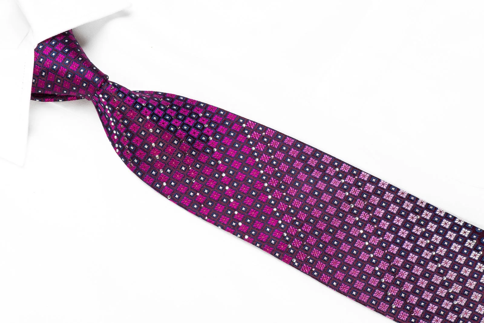 Grang Cia Men's Crystal Silk Necktie Pink Checker On Purple With Sparkles