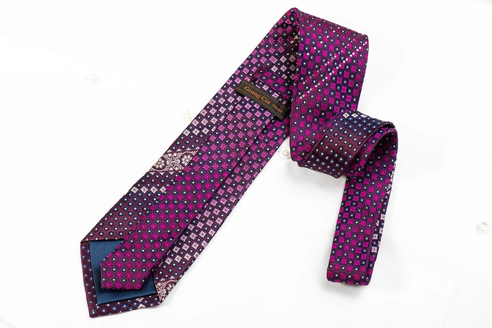 Grang Cia Men's Crystal Silk Necktie Pink Checker On Purple With Sparkles