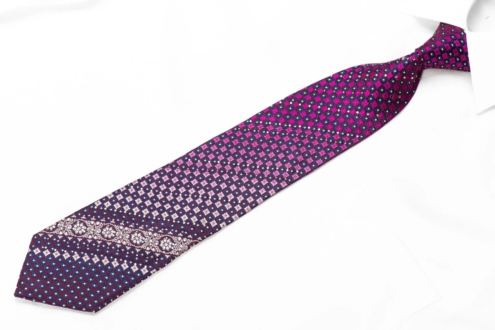 Grang Cia Men's Crystal Silk Necktie Pink Checker On Purple With Sparkles