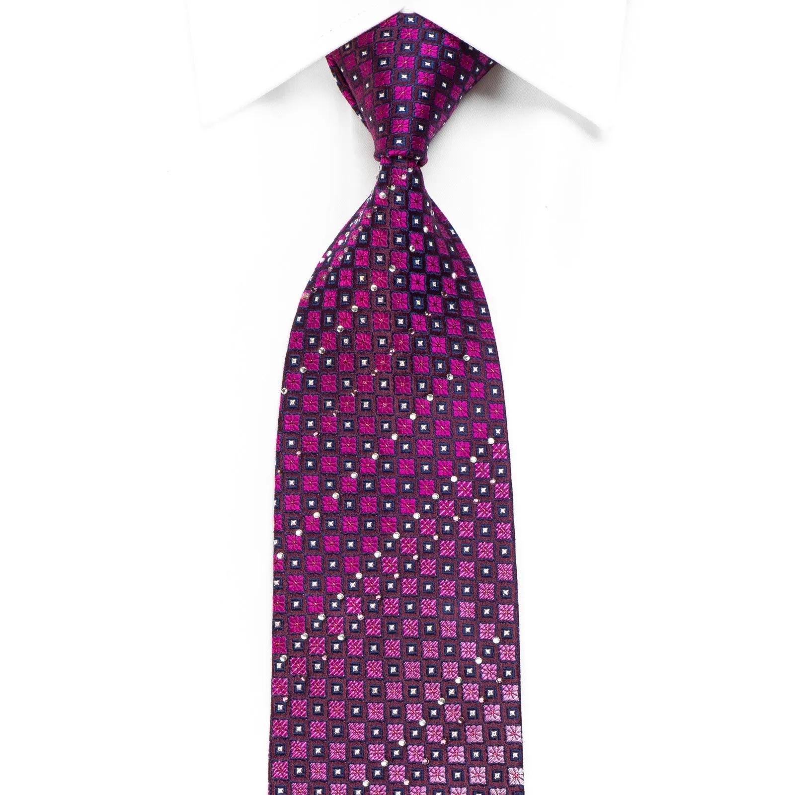 Grang Cia Men's Crystal Silk Necktie Pink Checker On Purple With Sparkles