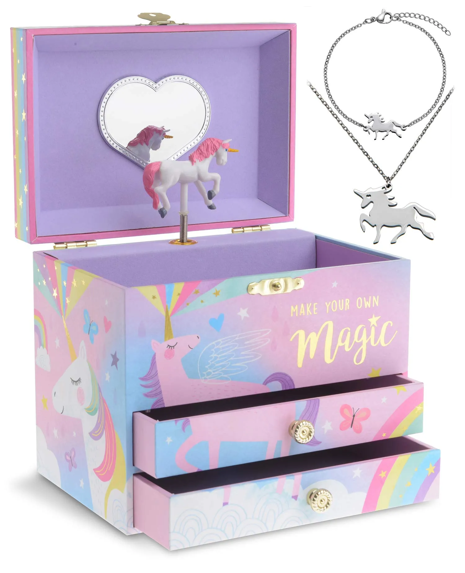 Jewelkeeper Cotton Candy Unicorn Music Box & Little Girls Jewelry Set - 3 Unicorn Gifts