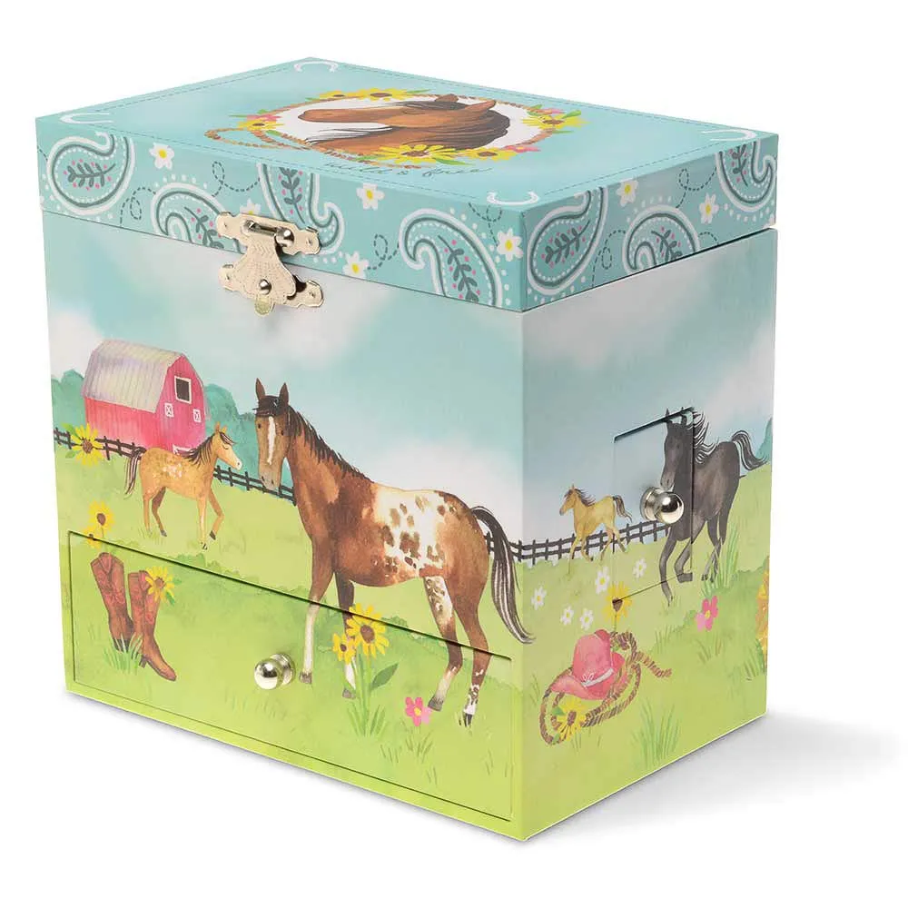 Jewelkeeper Musical Jewelry Box 3 Drawers, Horse and Barn Design, Home on The Range