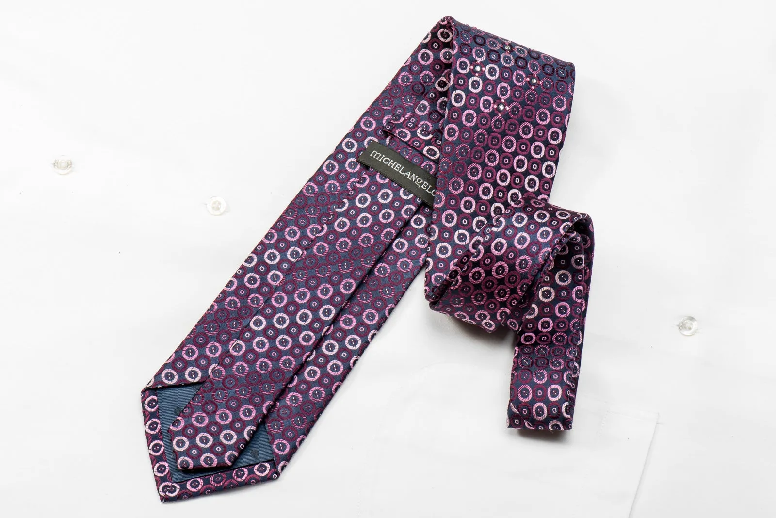 Micheal Angelo Men's Crystal Silk Necktie Purple Geometric Dots On Navy With Silver Sparkles