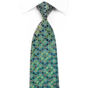 Mila Schon Men's Crystal Rhinestone Silk Necktie Checkered On Green With Sparkles