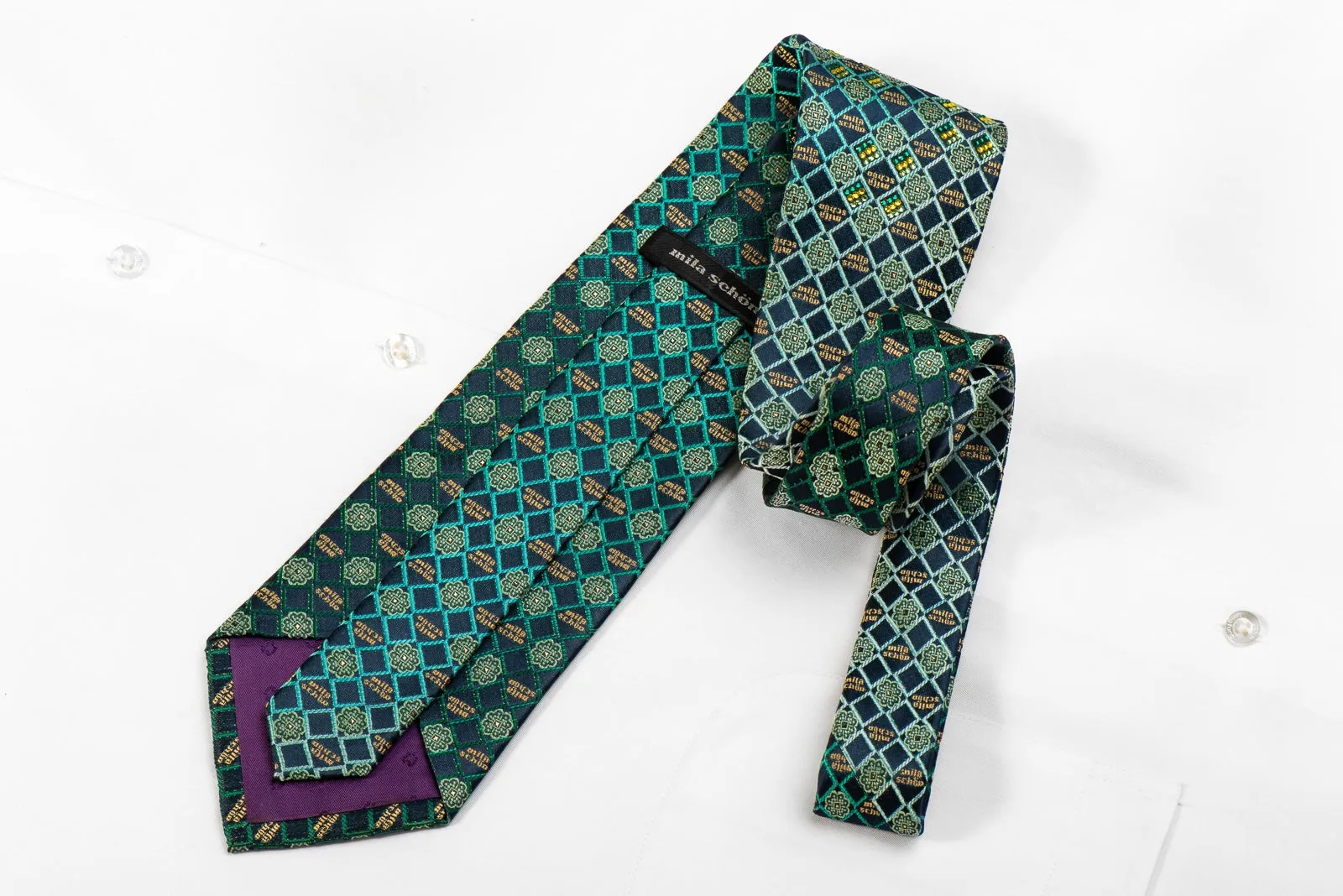 Mila Schon Men's Crystal Rhinestone Silk Necktie Checkered On Green With Sparkles