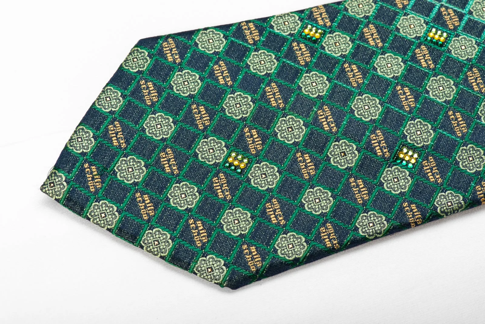 Mila Schon Men's Crystal Rhinestone Silk Necktie Checkered On Green With Sparkles