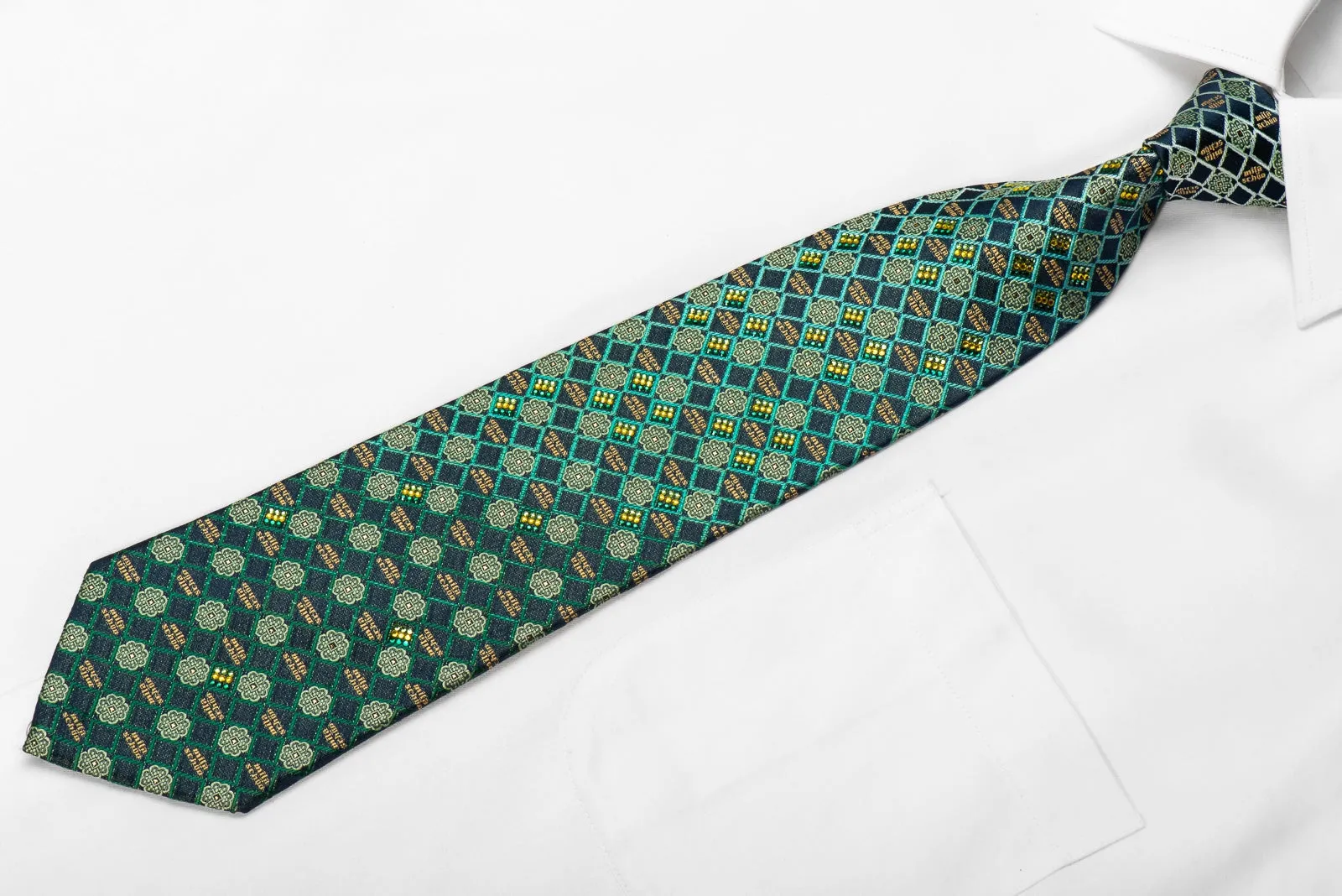 Mila Schon Men's Crystal Rhinestone Silk Necktie Checkered On Green With Sparkles