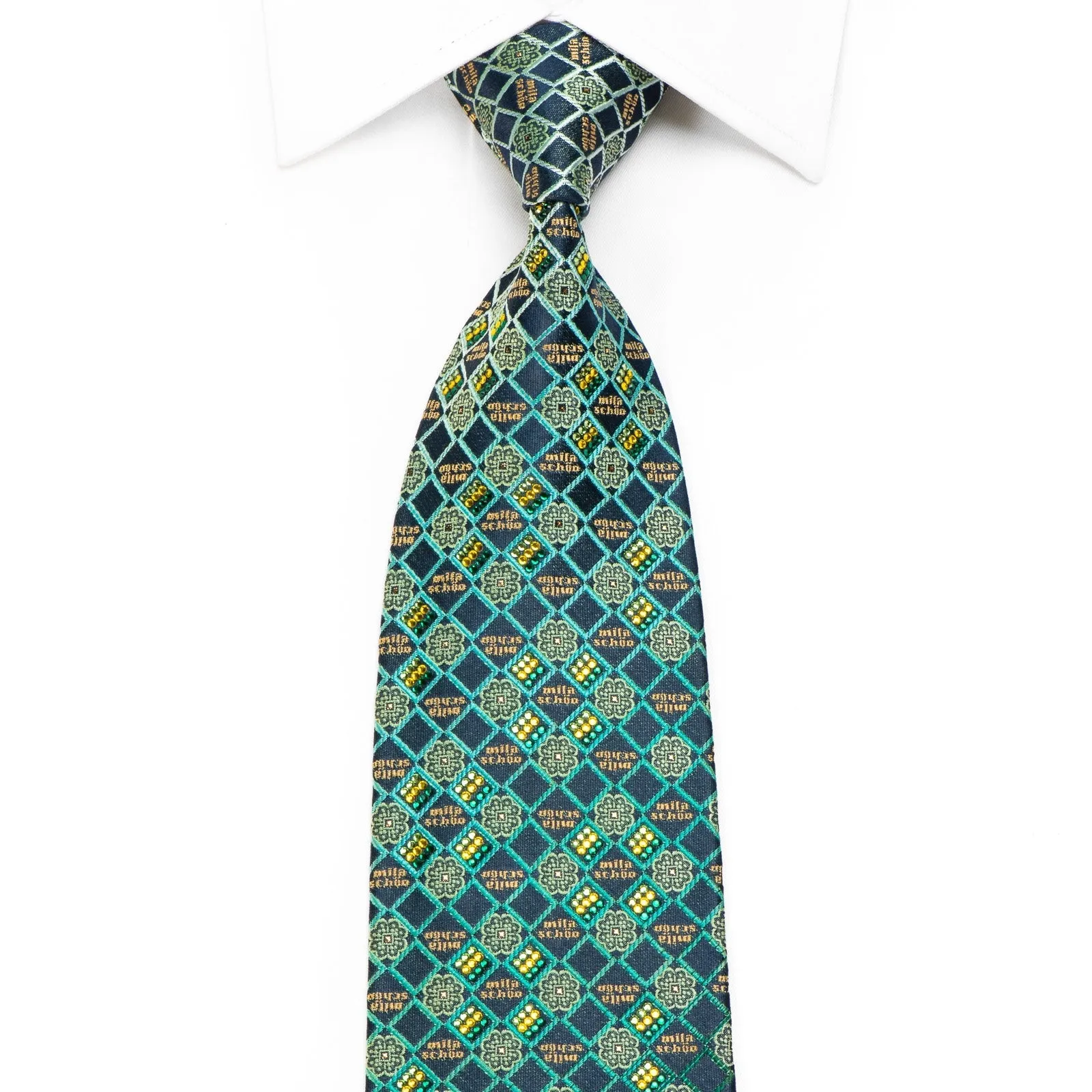 Mila Schon Men's Crystal Rhinestone Silk Necktie Checkered On Green With Sparkles