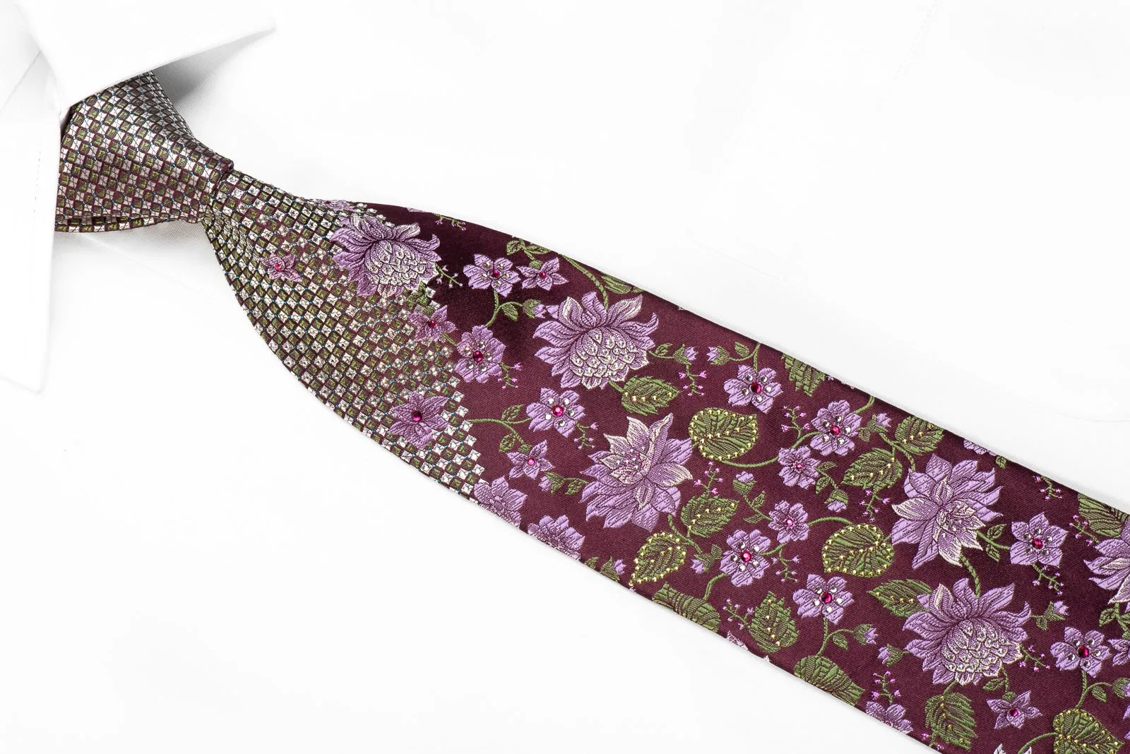 Mila Schon Men's Crystal Silk Necktie Floral On Dark Purple With Blue Sparkles