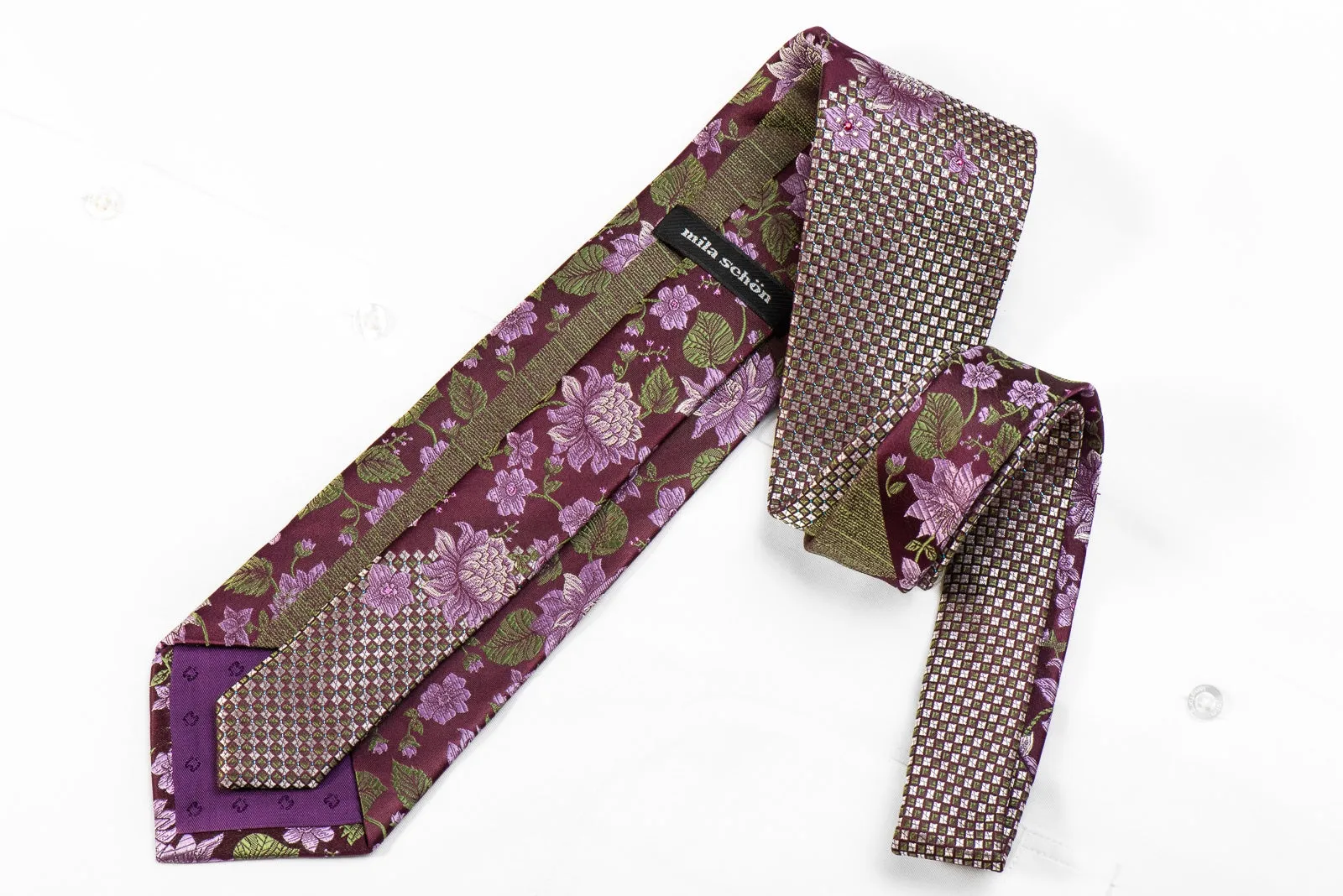 Mila Schon Men's Crystal Silk Necktie Floral On Dark Purple With Blue Sparkles