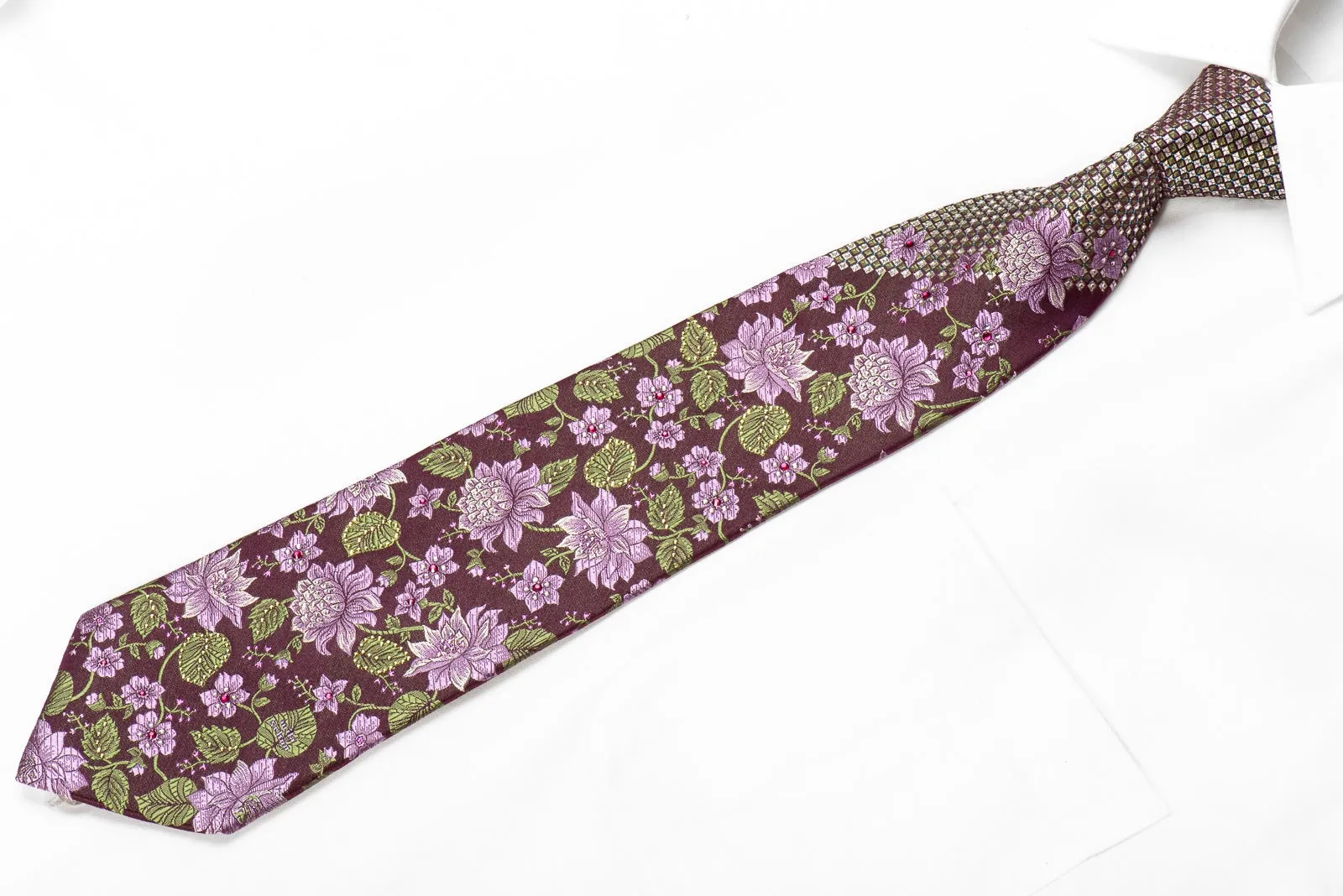 Mila Schon Men's Crystal Silk Necktie Floral On Dark Purple With Blue Sparkles