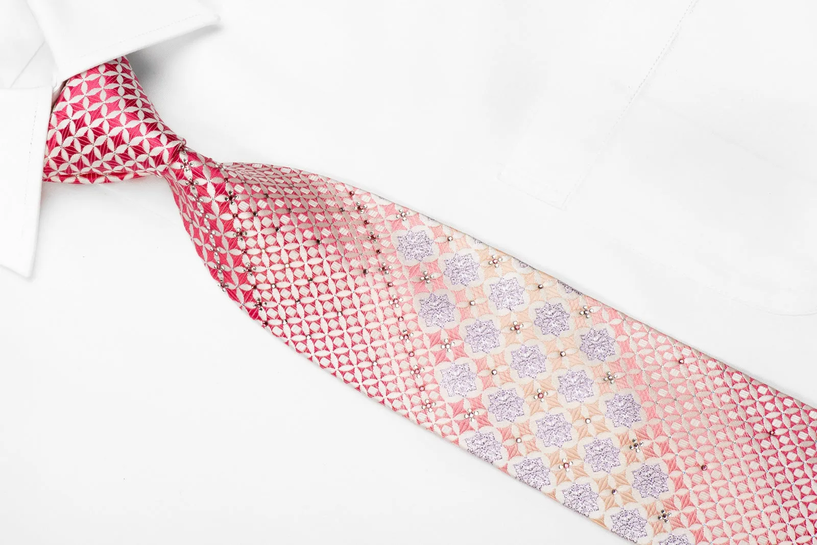 Nicole St Giles Men's Crystal Silk Necktie Pink Geometric On White With Silver Sparkles