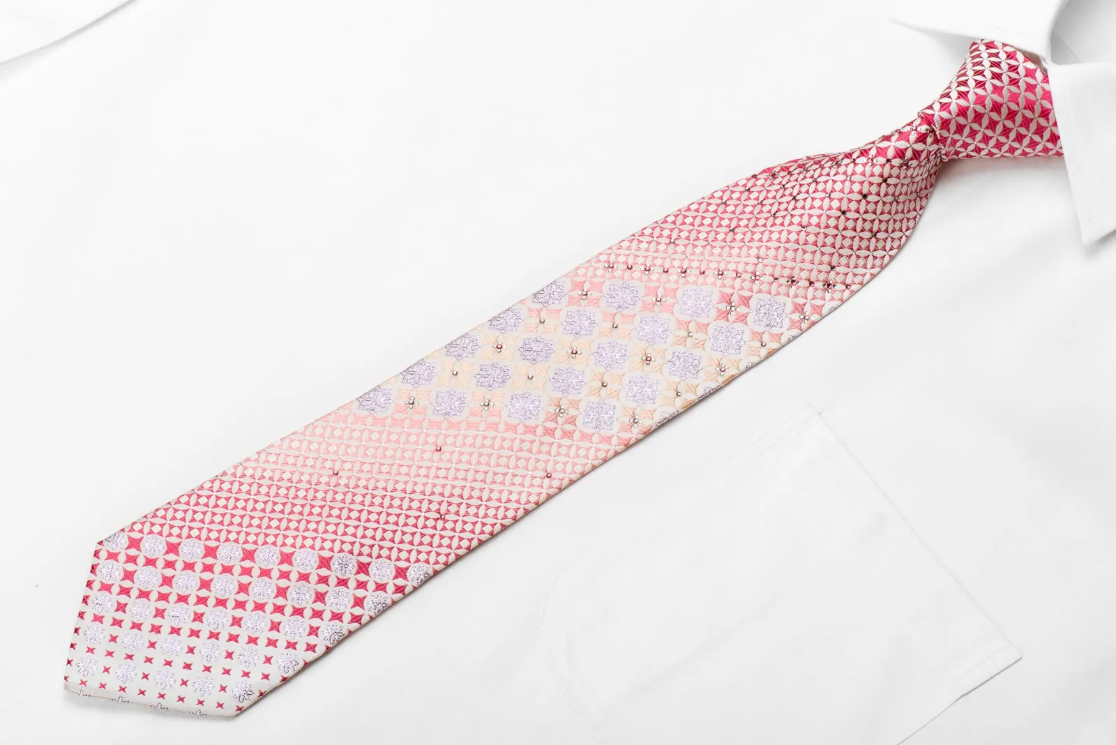 Nicole St Giles Men's Crystal Silk Necktie Pink Geometric On White With Silver Sparkles