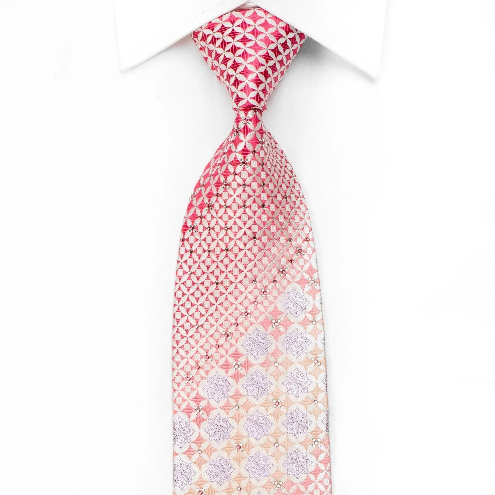 Nicole St Giles Men's Crystal Silk Necktie Pink Geometric On White With Silver Sparkles