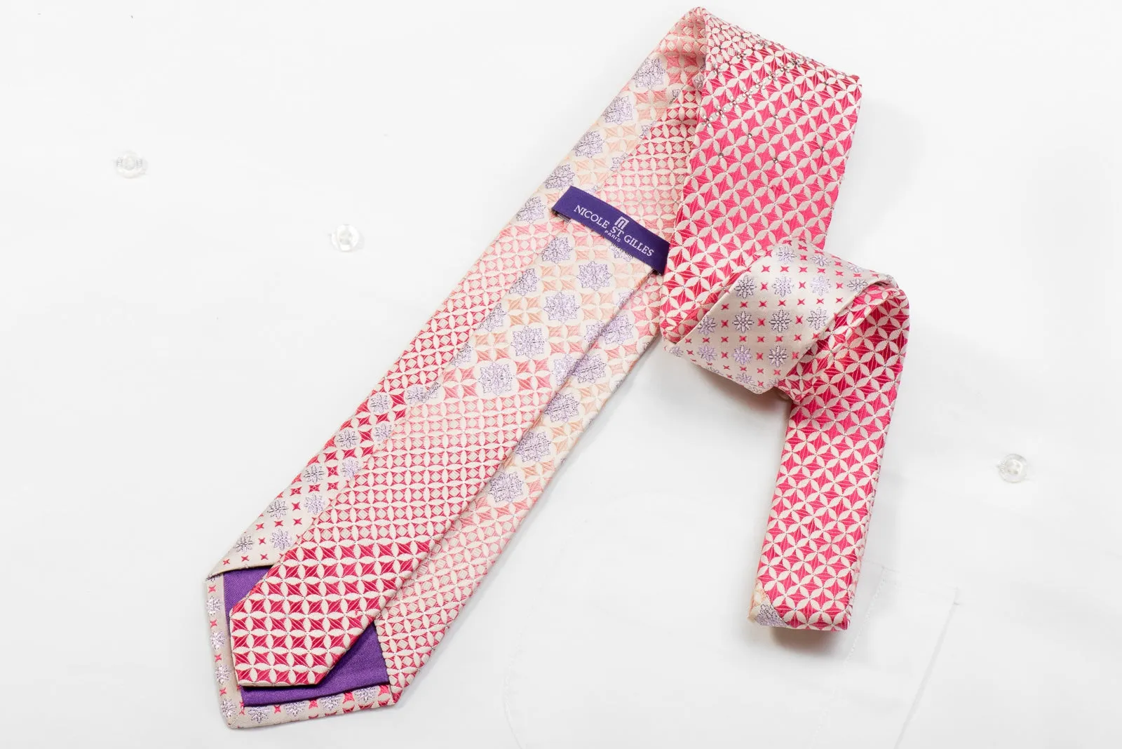 Nicole St Giles Men's Crystal Silk Necktie Pink Geometric On White With Silver Sparkles