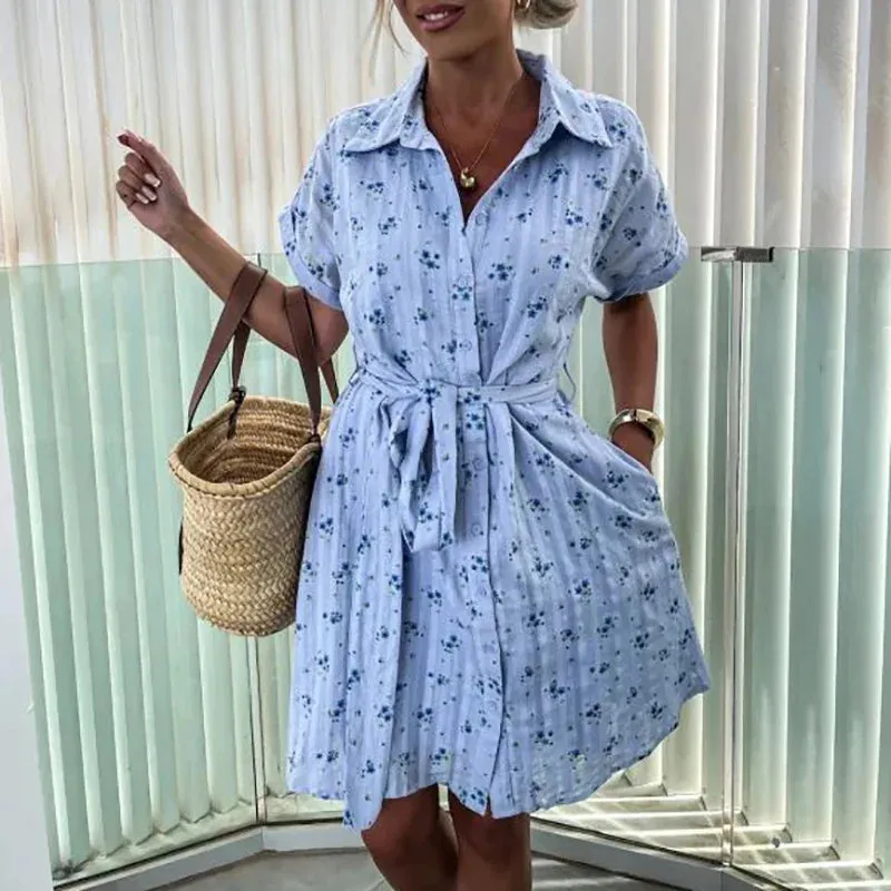 Office Lapel Collar Button Shirt Dress Elegant 2024 Lace-up Floral Mini Elegant Lady Dress