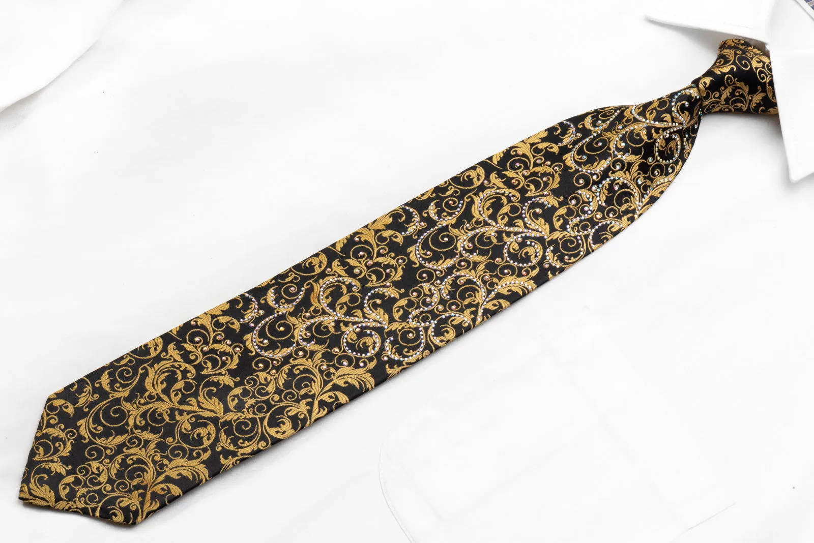 Paco Rabanne Mens Crystal Rhinestone Necktie Golden Acanthus On Black