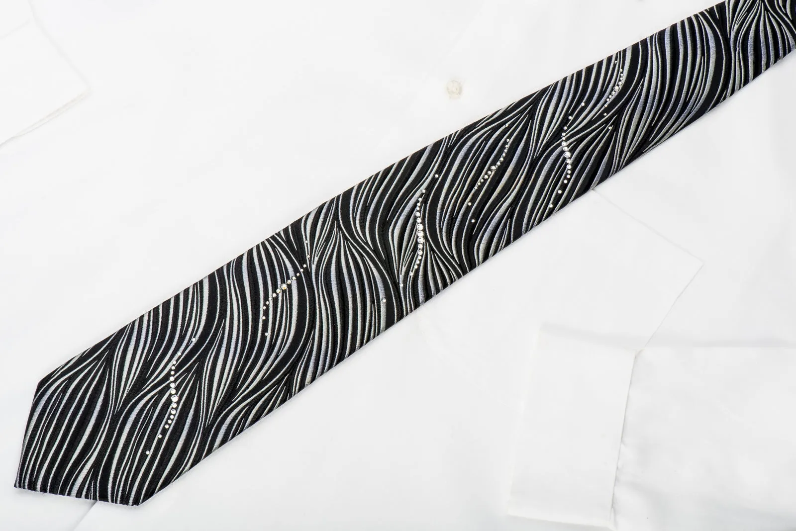 Pierre Cardin Studded Crystal Rhinestone Necktie Silver Zebra Stripes On Black