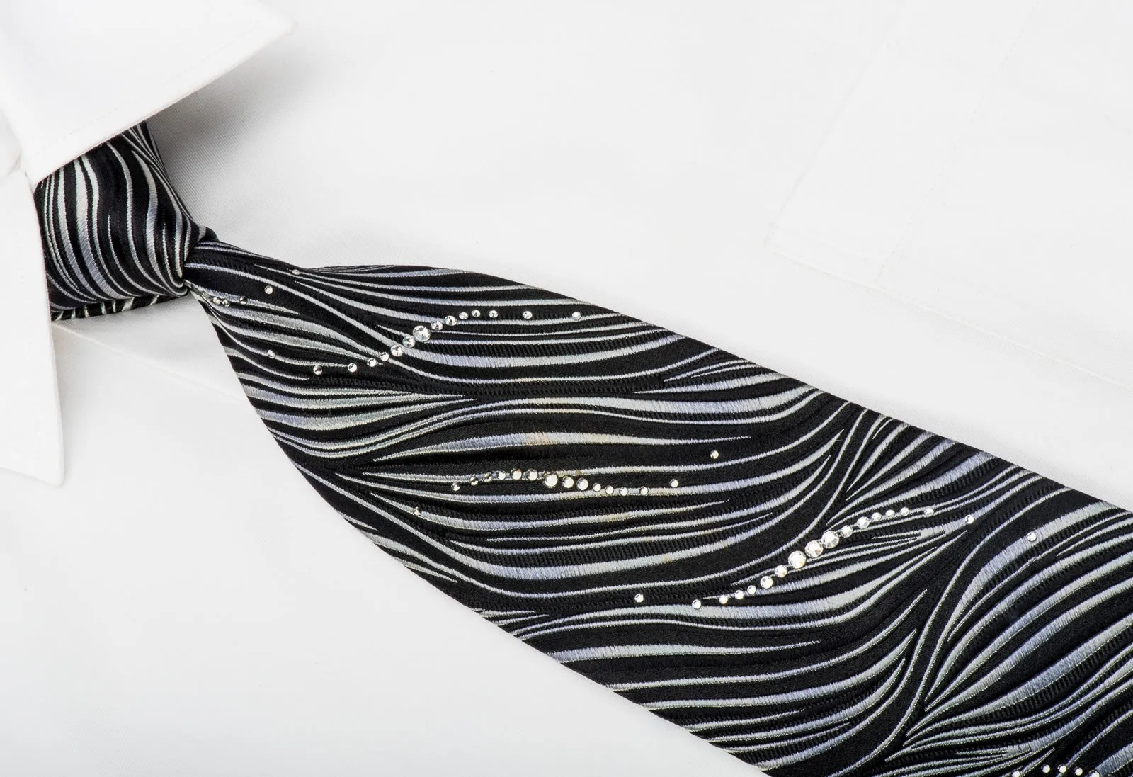 Pierre Cardin Studded Crystal Rhinestone Necktie Silver Zebra Stripes On Black