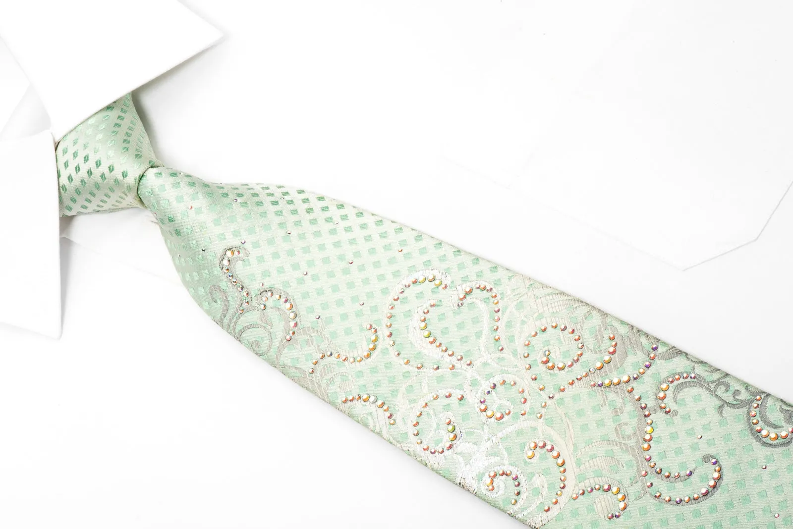 Renoma Men's Crystal Silk Tie Scrolls On Green Sparkling With Rhinestones