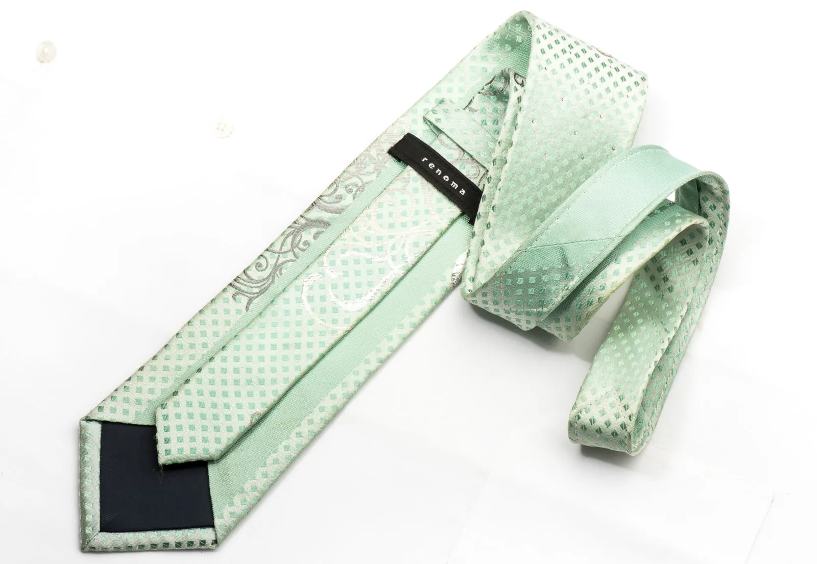 Renoma Men's Crystal Silk Tie Scrolls On Green Sparkling With Rhinestones