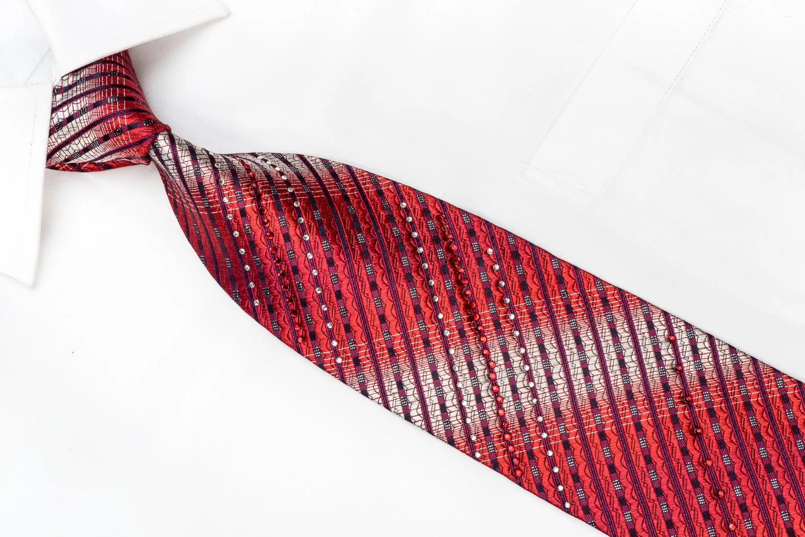 Rogers Dail Men's Crystal Silk Tie Red Silver Striped With Silver Sparkles